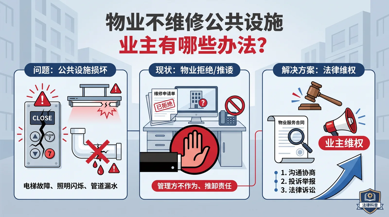 物业不维修公共设施，业主有哪些办法？